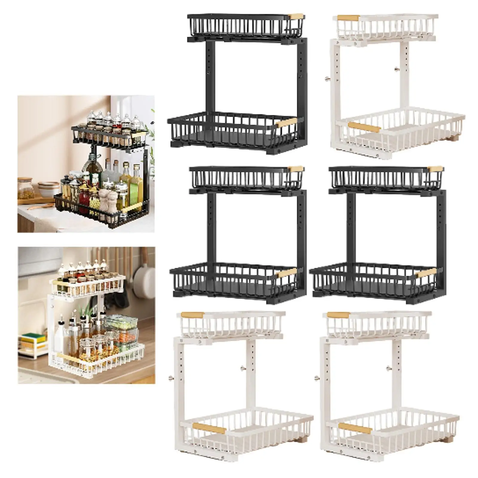 Kitchen Under Sink Organizer Countertop Five Adjustable Height with Slide Out