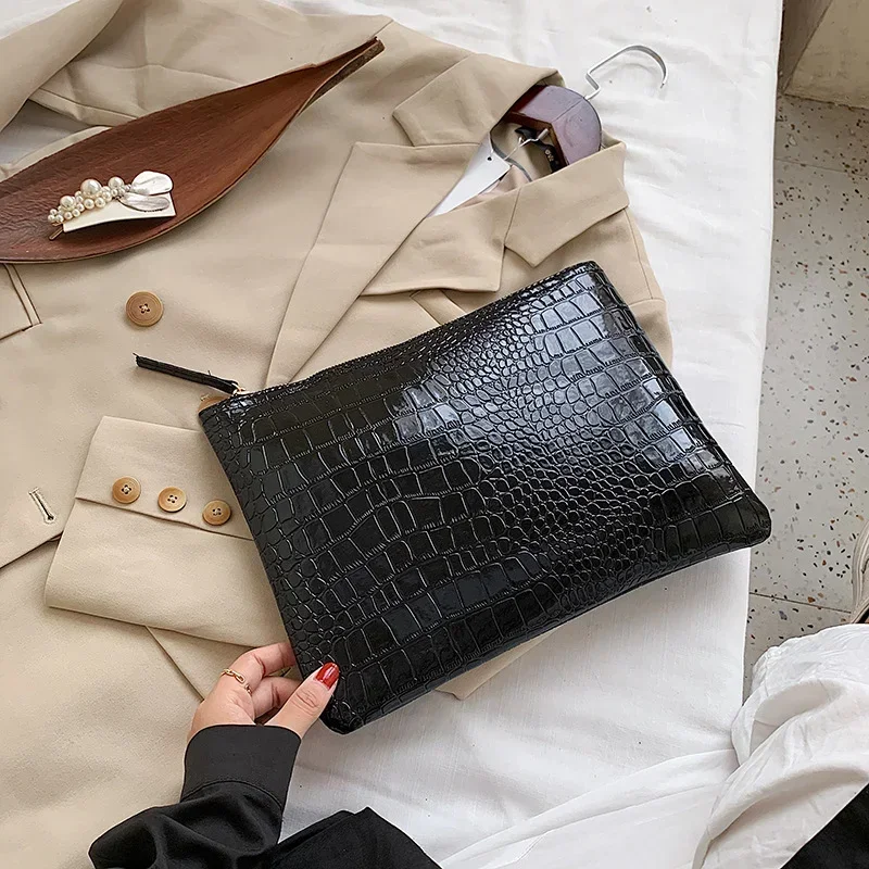 Women Crocodile Pattern Clutch Bag Pochette Female Casual Solid Color Zipper Envelope Square Shoulder Bag Ladies Handbags