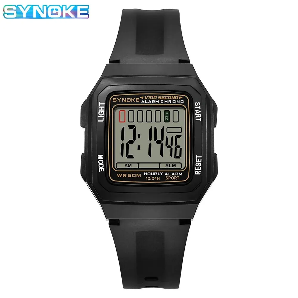 SYNOKE Men Rectangular Sports Electronic Watch Waterproof Night Light Large Screen Alarm Clock Trend Retro Style Classics