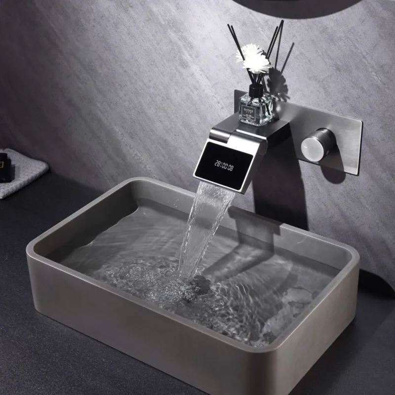 

Basin Faucet Hot and Cold Bathroom Digital Display Gray Mixer Wall Mounted Brass Sink Mixer Square New Arrival