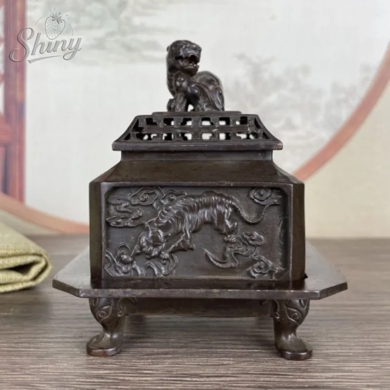 Antique-style Relief Incense Burner with Four Mythical Beasts, Indoor Decorative Incense Burner with Lion Lid