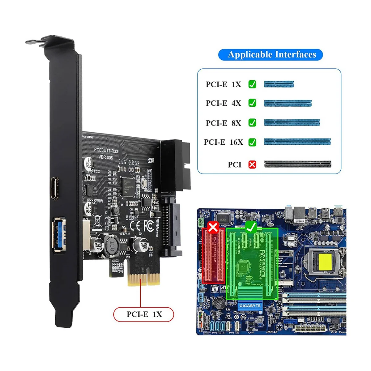 PCI-E 1x zu USB 3. 0 Gen1 USB 3,2 Typ C Front Adapter Karte 2 Ports (Typ C Typ A) Erweiterungs karte
