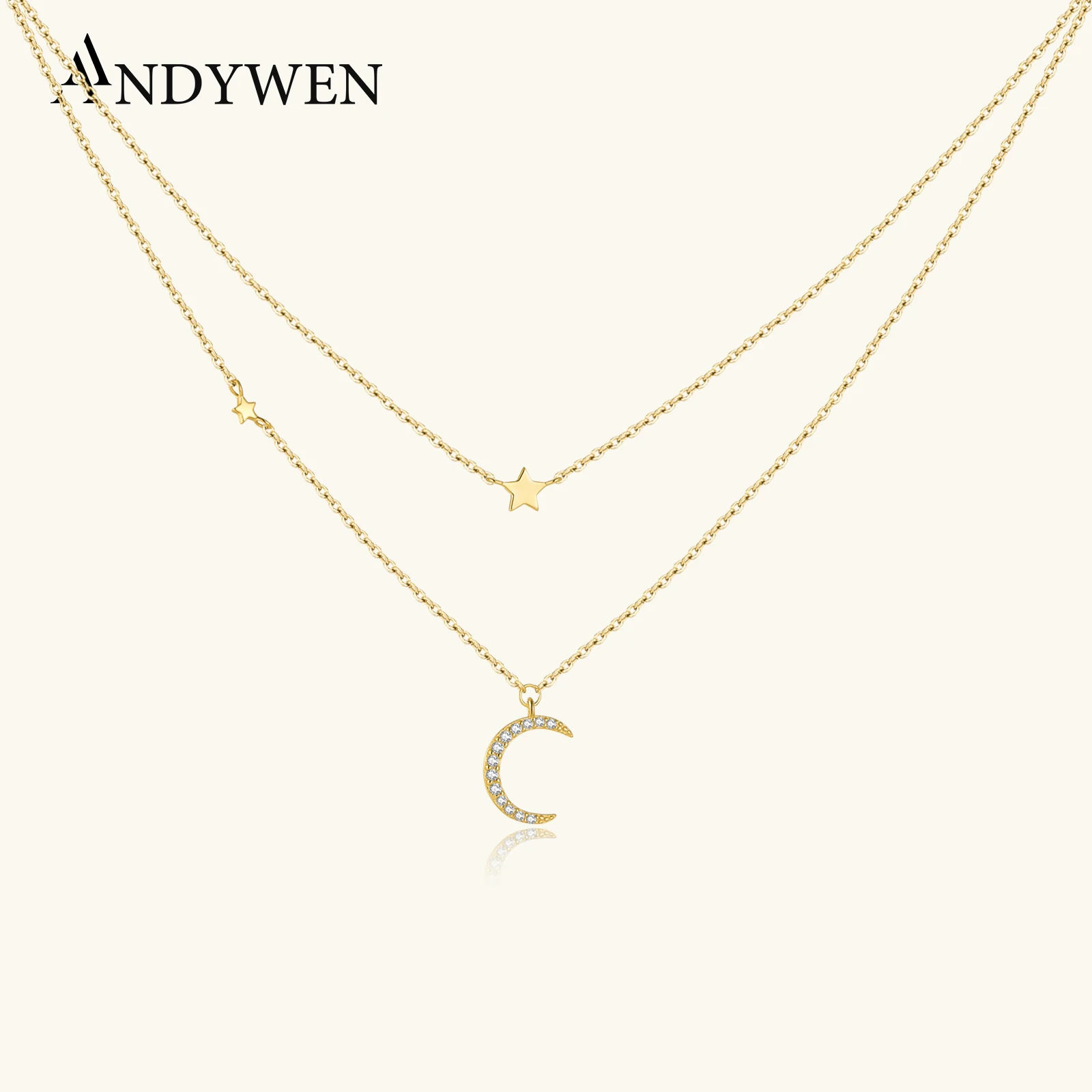 

Женское длинное ожерелье ANDYWEN из серебра 925 пробы с двойной Луной и звездами, чокер из двух цепочек, многослойная подвеска, роскошная бижутерия в подарок