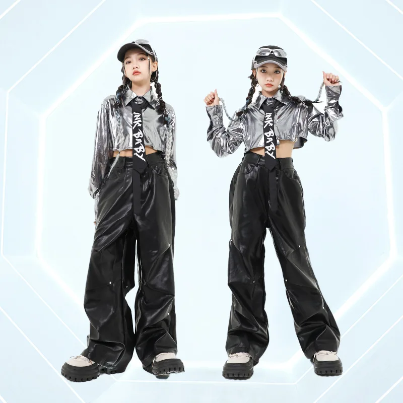 

Kid Hip Hop Clothing Silver Crop Top Shirt Black Rivet Faux Leather Casual Ruched Pants for Girl Jazz Dance Wear Costume Clothes