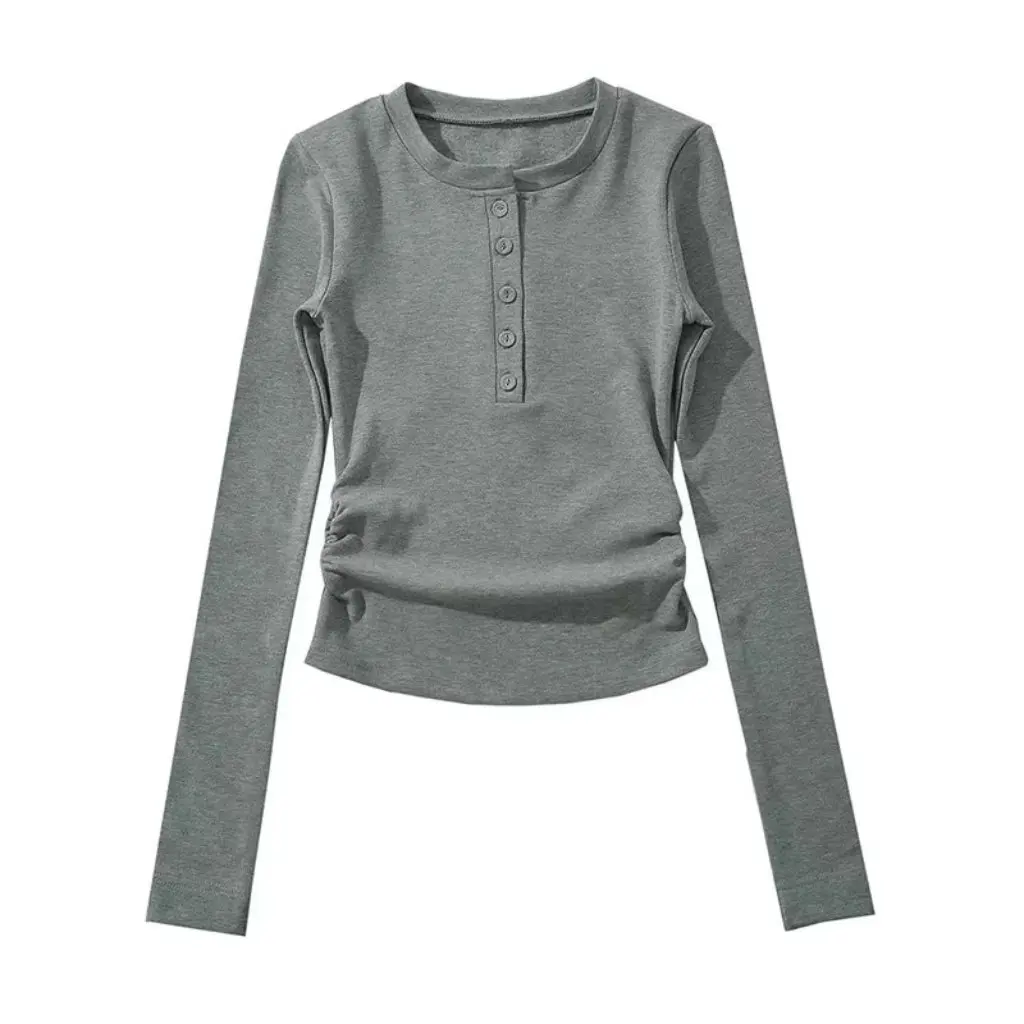 

Women's Fleece Long-Sleeved T-Shirt round Neck Half-Open Button Design Slim Fit Elastic Pleated Top for Autumn Winter All-Match