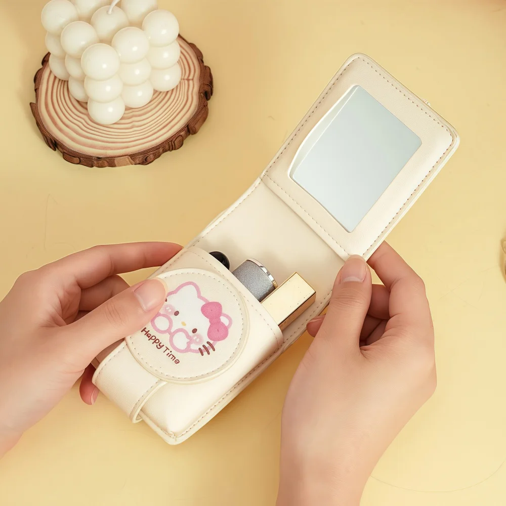 Olá kitty moda portátil espelho de maquiagem com saco de cosméticos leve kit de retoque de viagem caso protetor armazenamento melhor presente