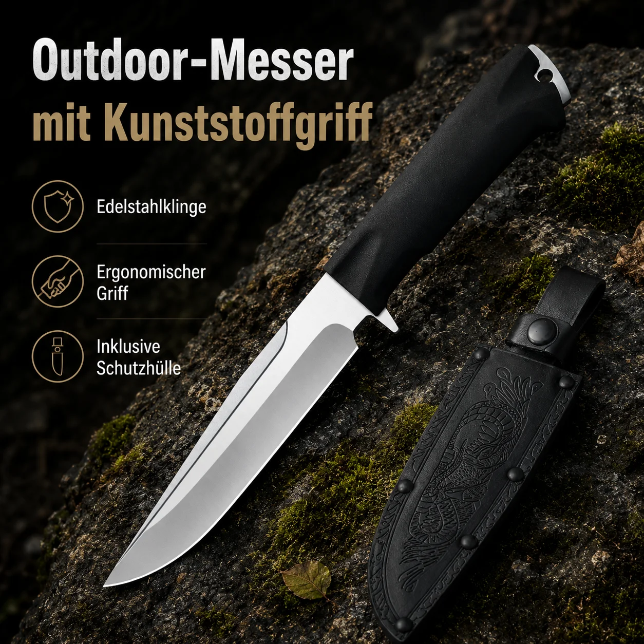 Cuchillo Utilitario de Hoja Fija de 29 cm para Exteriores con Mango Ergonómico de Plástico, Hoja con Recubrimiento Negro y Funda con Relieve para Camping