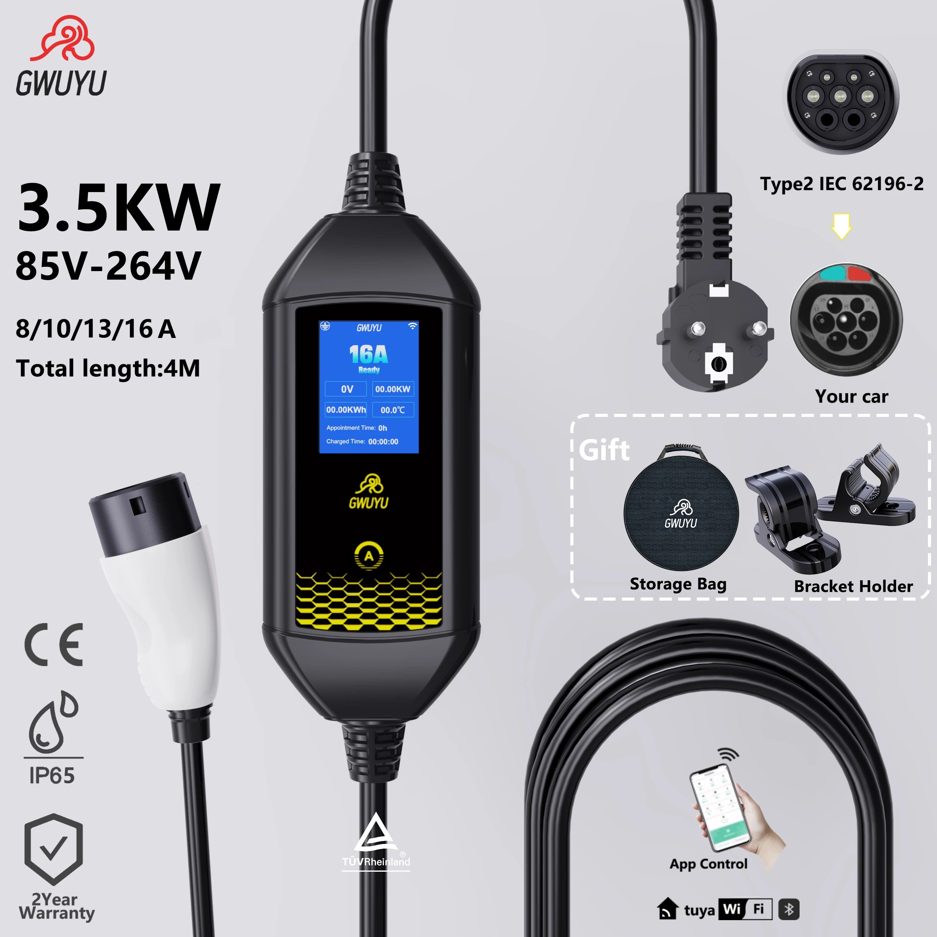 GWUYU 16A 3,5KW Typ2 Europäischer Standard-Stecker Tragbares Elektrofahrzeug-Ladegerät EVSE-Ladestation mit WLAN Bluetooth APP-Steuerung – Detail 1