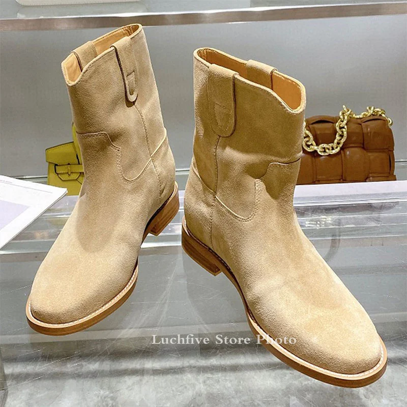 Winter Classic Chelsea Boots for Woman Real Suede Round toe Wedges heel Ankle Boots Simple Comfortable Cowboy Boots female