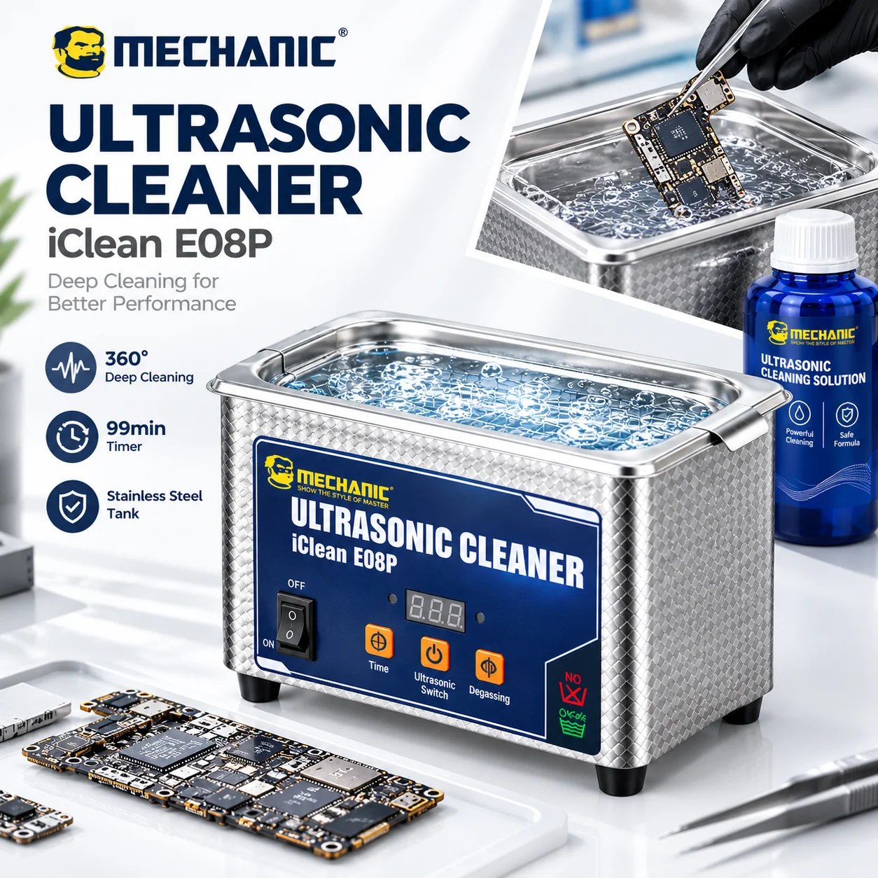 MECHANIC iClean-E08P Ultrasonic Cleaner 0.8L 50W for Phone PCB Motherboard Jewelry Glasses Precision Parts Cleaning Machine