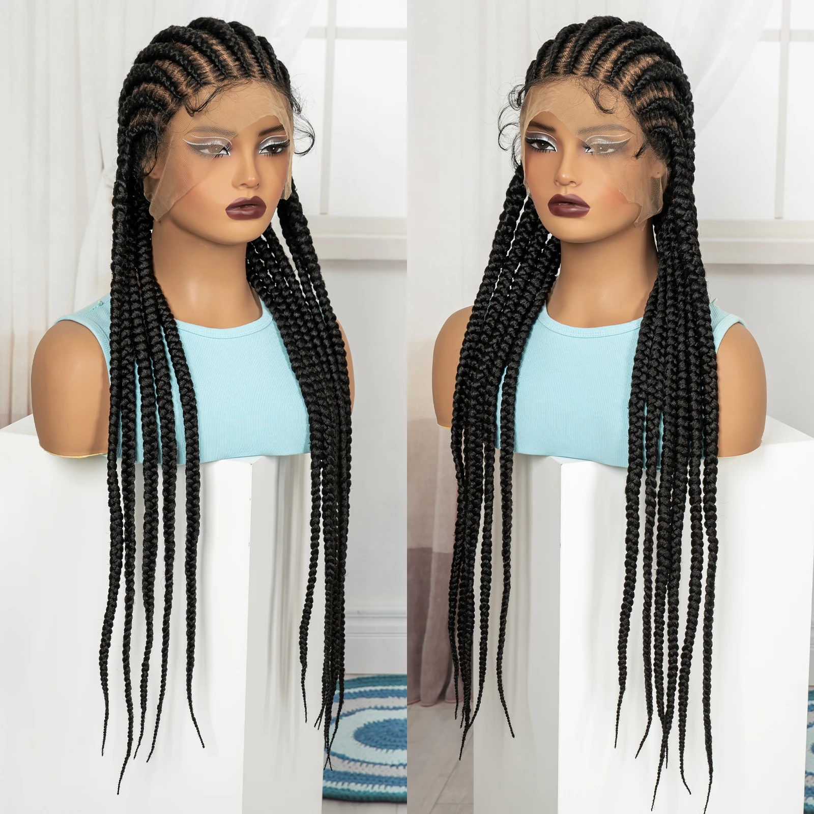 32In Full Lace Cornrow Braided Wigs Synthetic Braiding Hair Wigs Knotless Lace Frontal Braids Wig with Baby Hair for Black Women