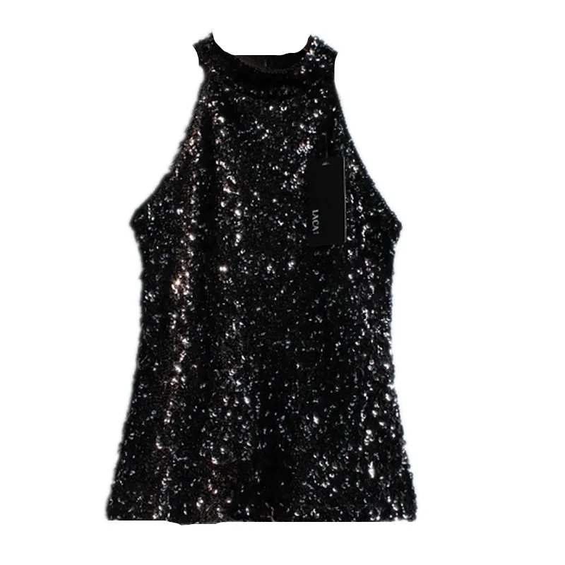 Sequins Women Fashion Shimmer Flashy Embellished High Quality Halter Neck Sleeveless Vest Sexy Tank Top Clubwear Stage Perform