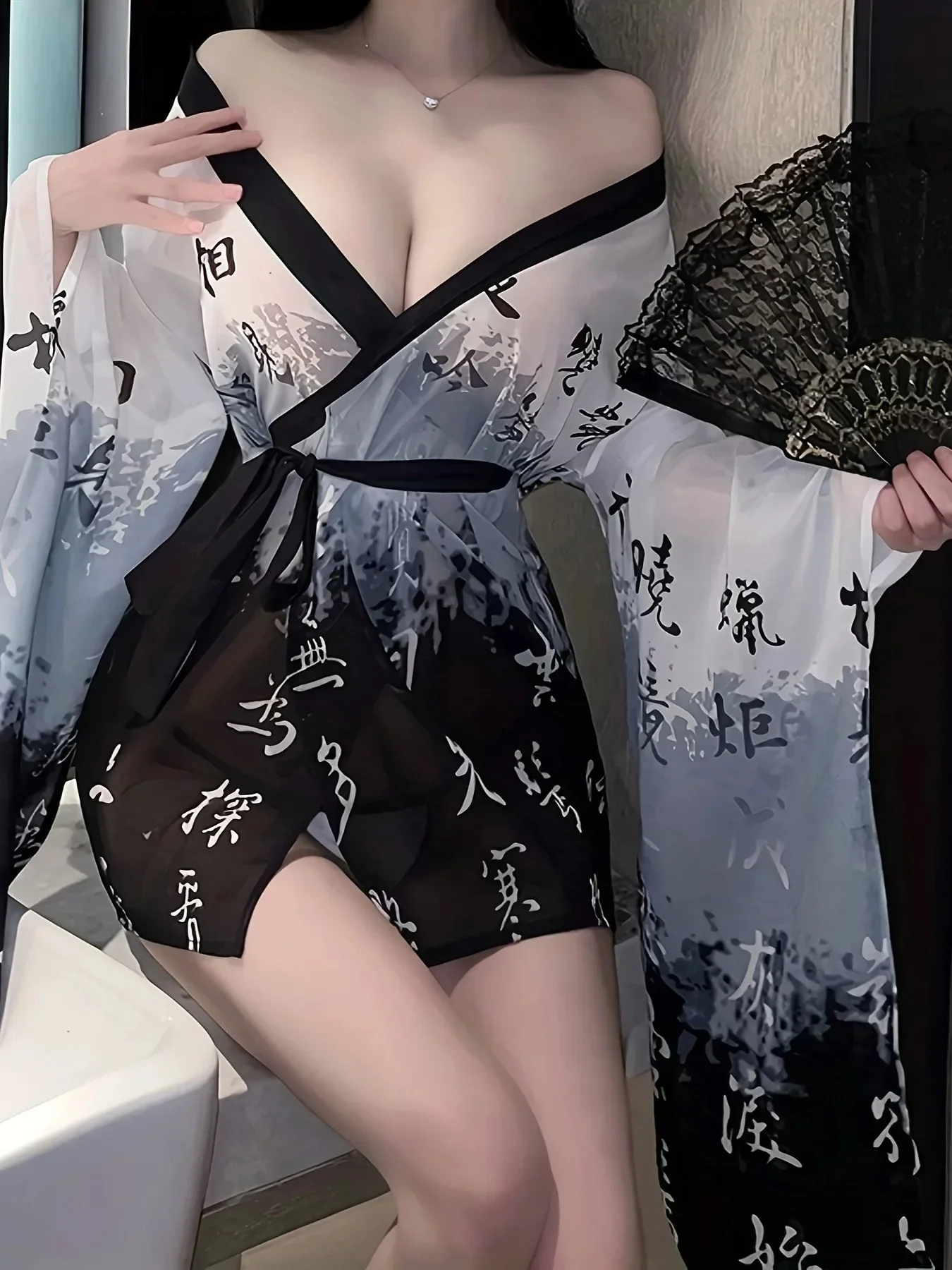 Kimono Bathrobe Women Sexy Lingerie Mesh Nightgown Perspective Pajama Temptation Nightwear Japanese Robes See Through Sleepwear