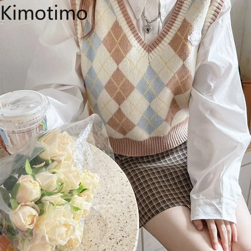 

Kimotimo Japanese Sweet Argyle Knitted Vest Women Autumn Preppy Style V Neck Sleeveless Short Sweater Fashion Overlap Pullover