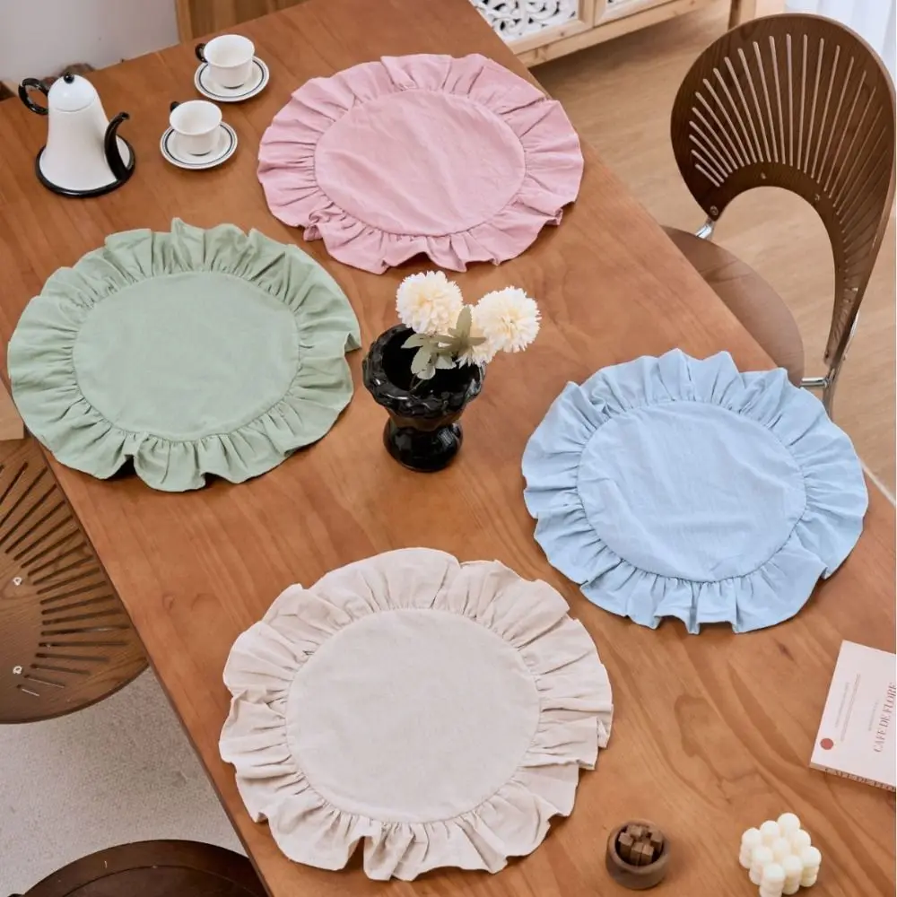 Multi-Purpose Solid Color Ruffled Placemats Round Cotton Cloth Napkins Table Mat for Wedding Decoration Table Decor