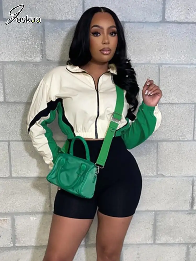 

Joskaa Patchwork Sporty 2 Piece Sets Women Casual Full Sleeve Zip Crop Jacket and Shorts Match 2025 Summer Tracksuits Streetwear