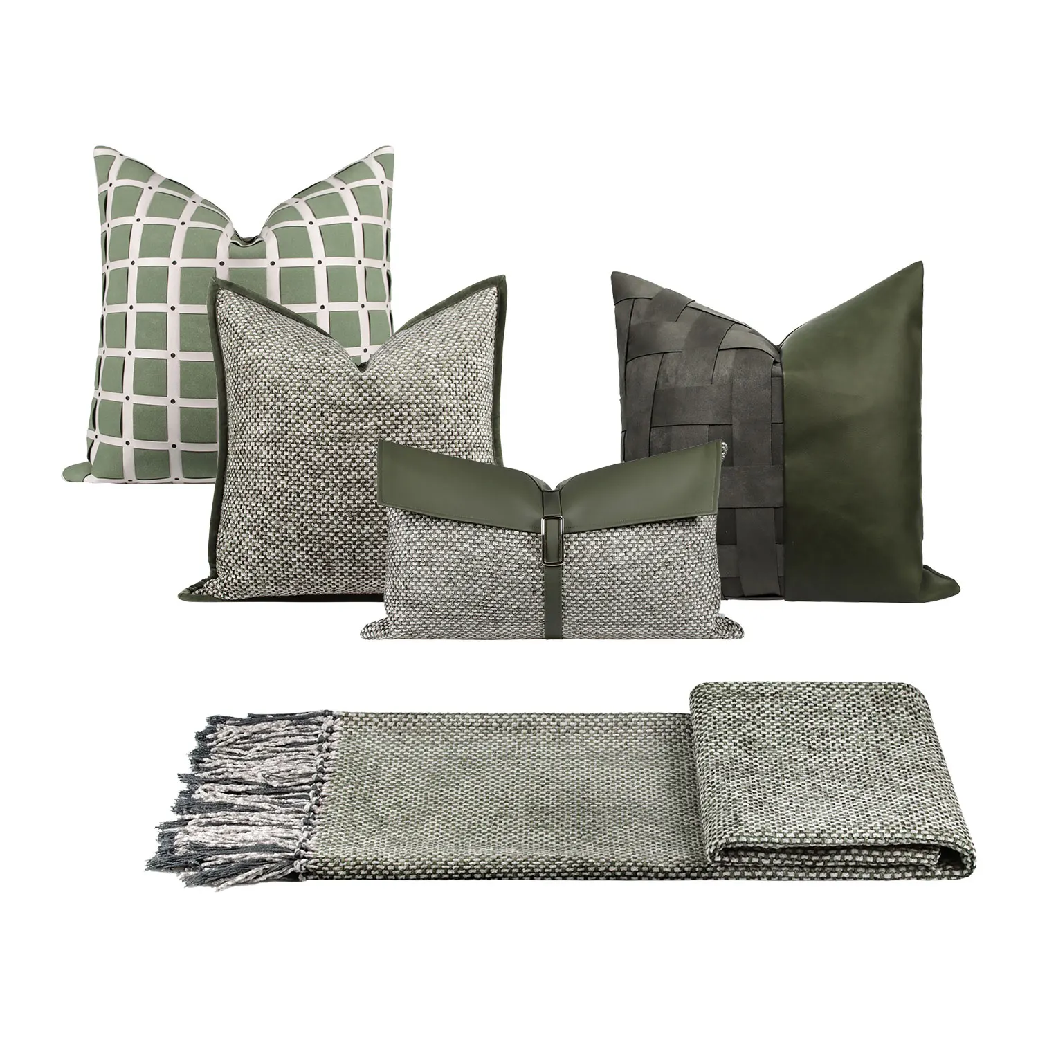 RUIYI Home Decoration Green Series Sofa Seat Comfortable Cushion Cover Textured Woven With Leather Accent Modern Boho Pillowcase