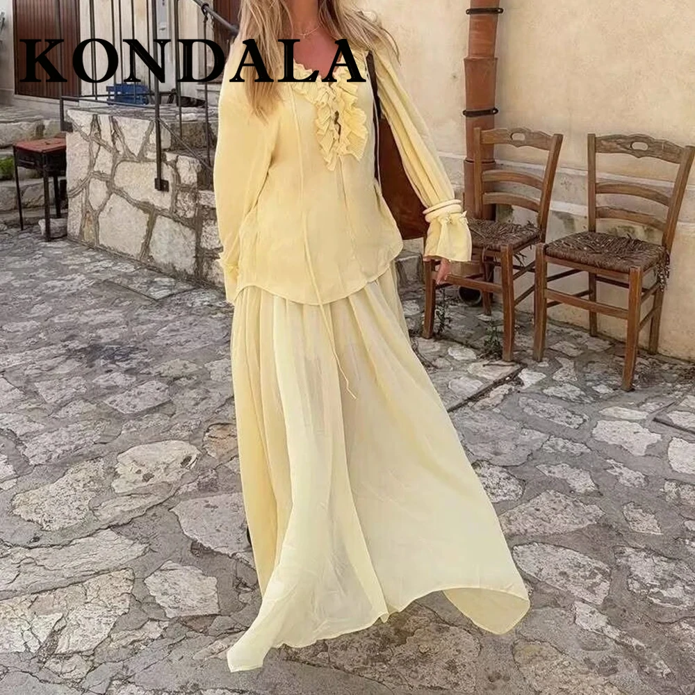 

KONDALA винтажные желтые элегантные женские костюмы с v-образным вырезом на шнуровке, свободная рубашка + длинная юбка с подкладкой, повседневные женские праздничные комплекты весны 2025 г.