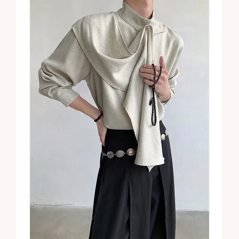 

Spring Autumn Retro Lemaire Style Shirt with Scarf Sash Stand Collar Design Neutral Style Breathable Polyester Casual Shirt