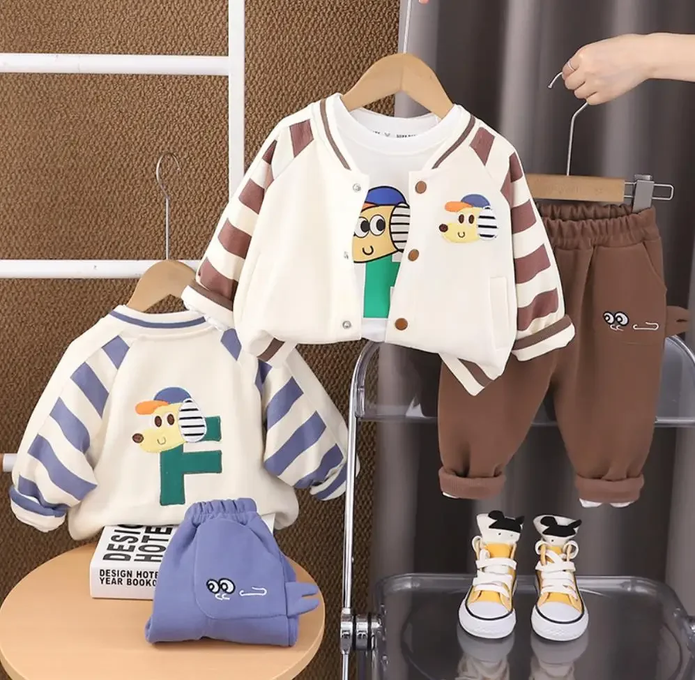 Kids Tracksuits Sets Korean Style Striped Patchwork Cartoon Baseball Jacket+T-shirt+Pants Toddler Children Clothing Boys Suits