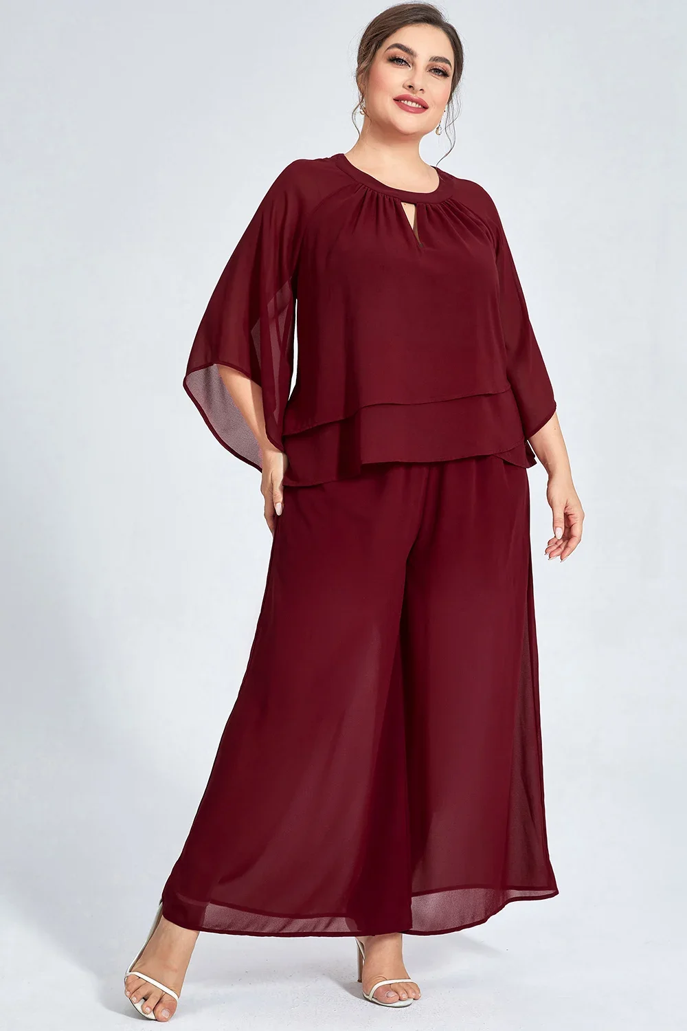 

Women's Plus Size Formal Burgundy Chiffon Ruffle Sleeve Cut Out Wide Leg Two Piece Pant Suit Casual Office Lady Matching Sets