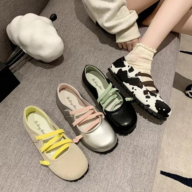 

New Cow Pattern Round Toe Ballet Flats Woman Brand Design Slip-on Shallow Loafers Ladies Soft Cross Elastic Band Ballerina Shoes