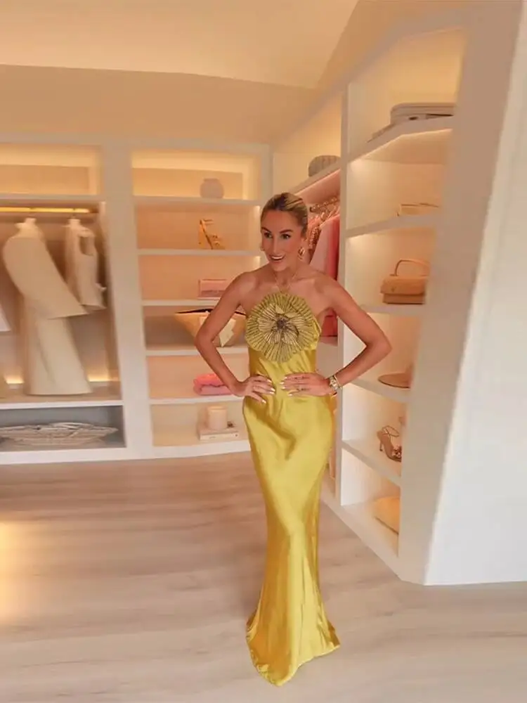 فستان نسائي أنيق للحفلات ثلاثي الأبعاد رسن على شكل زهرة بدون أكمام بدون ظهر حورية البحر من الساتان فساتين نسائية لصيف 2025 رداء سهرة أنيق #6