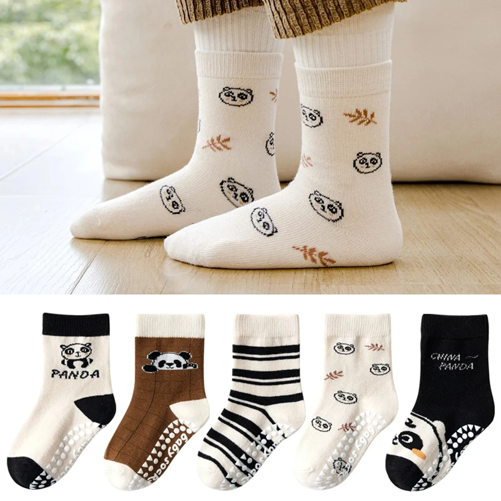 5 pairs of children\'s mid tube socks, spring and autumn adhesive point floor socks, playground anti slip socks, trampoline socks