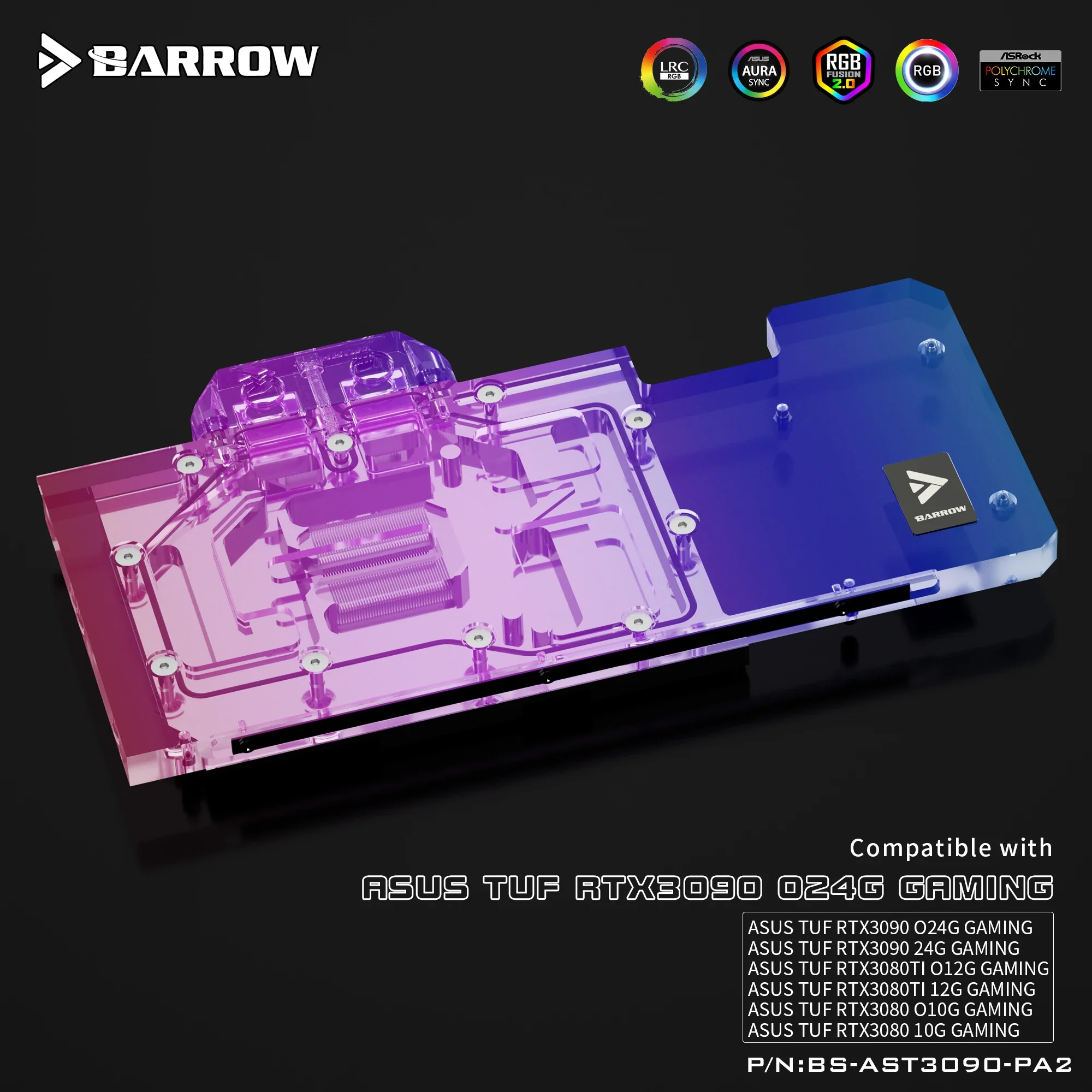 Imagem -05 - Barrow Gpu Water Block Bloco Vga para Asus Tuf Rtx3090 3080 ti Gaming Aurora 5v Argb 3pin Aura Sync Bs-ast3090-pa2