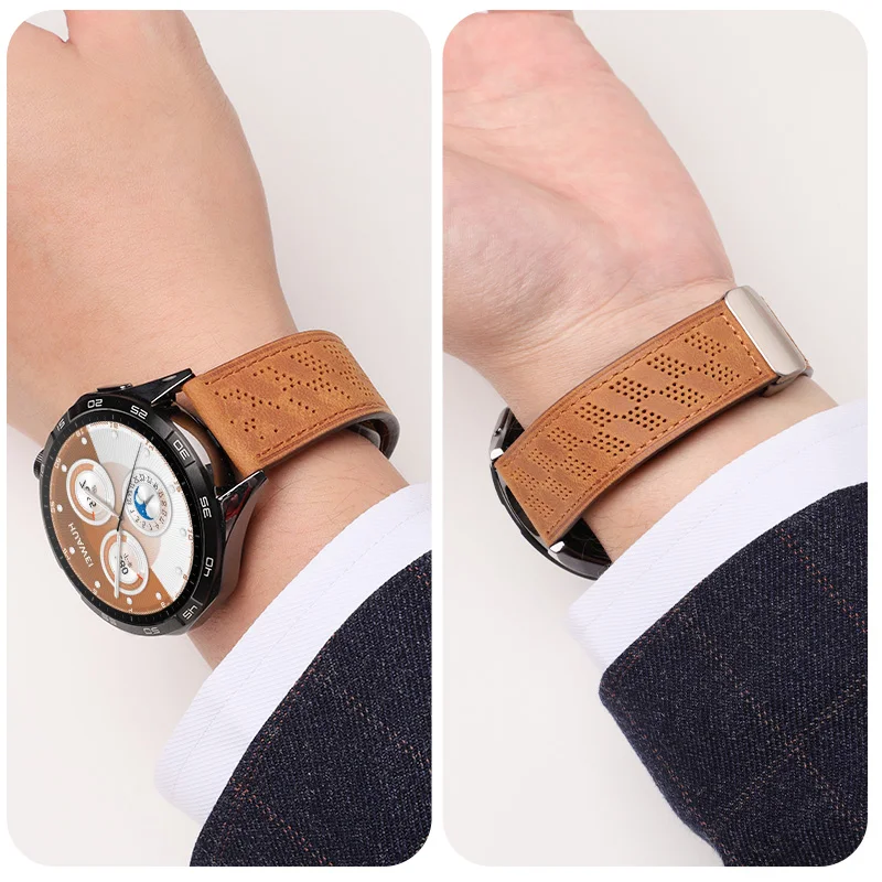 Suitable for Huawei GT2/3/4 leather strap, cowhide watch3/4pro leather magnetic folding buckle hole model 22mm