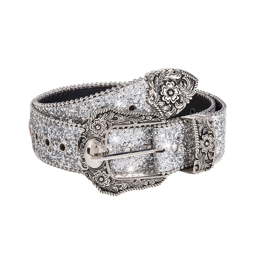 

PU Leather Gothic Rhinestone Belts Metal Engraved Buckle Casual Western Cowboy Belt Retro Vintage Waistband for Men Women
