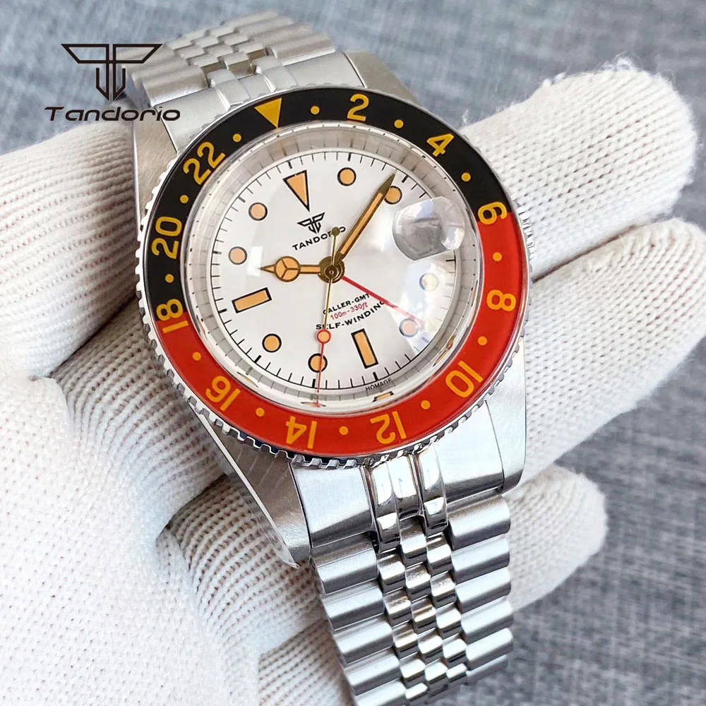 Tandorio GMT Automatic NH34 38mm Men's Stainless Steel Watch Sapphire 20BAR Diver Self-winding Wristwatch Date 24H Glass Bezel