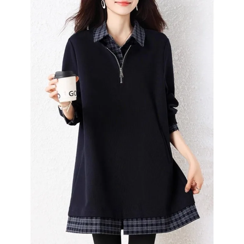 

Пуловер, свободная сращивание, искусственная двухсекционная толстовка с длинными рукавами и лацканами для женщин