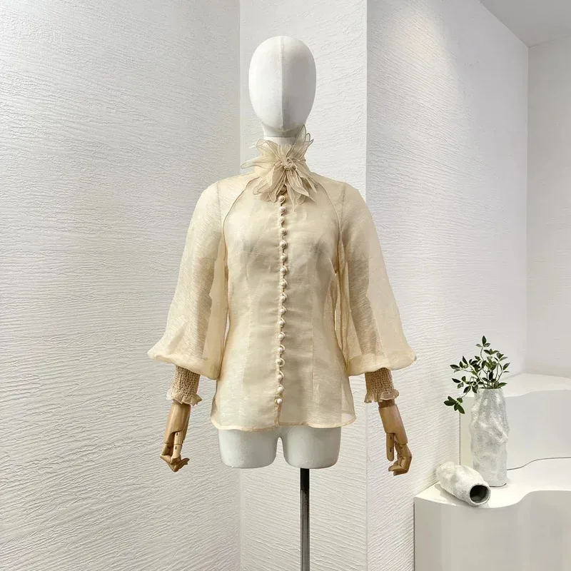 Chemisier femme australie Design de luxe élégant Beige manches longues fleurs appliquées voir à travers les hauts