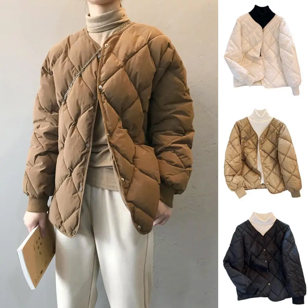 Women Cotton Jacket Warm Stylish Winter Down Coat With Pockets V Neck Design Windproof Features For Weather Outwear Solid Color