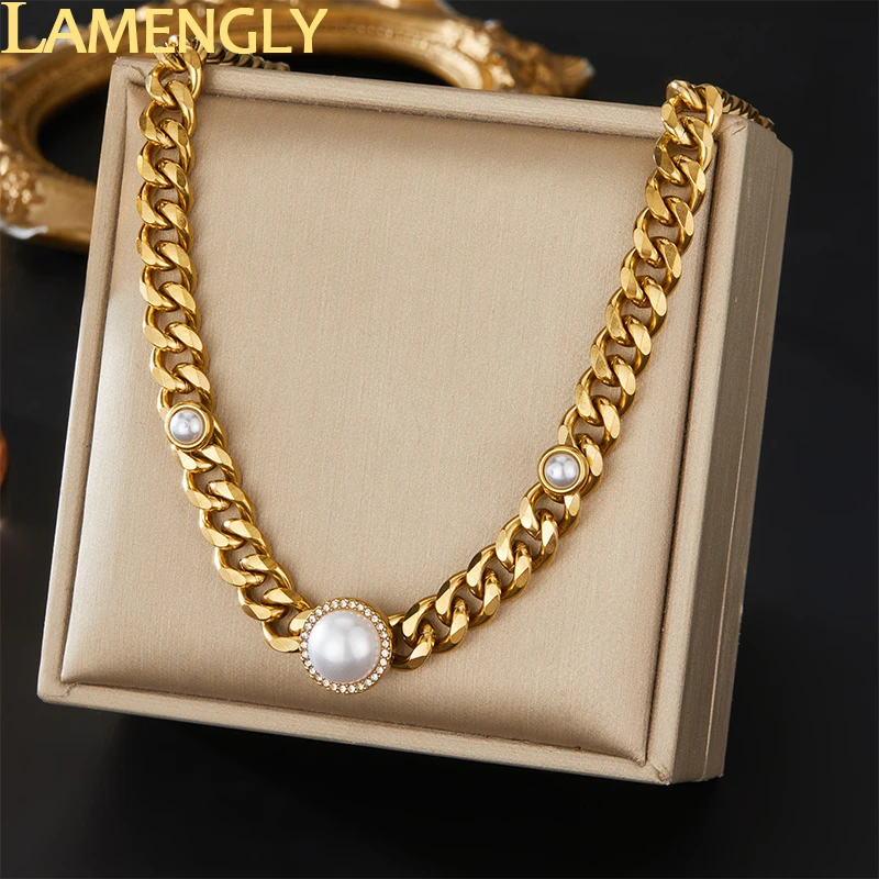 LAMENGLY 316L Stainless Steel Classic Round Pearl Crystal Inlay Necklace Women's Temperament Luxury Thick Neck Chain Party Gifts