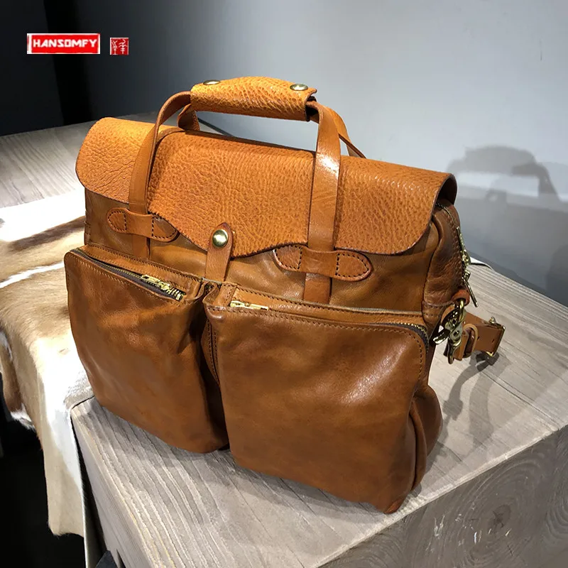 

Luxury Genuine Leather Briefcase Men Handbags Casual Shoulder Messenger Bag Thick Vegetable tanned Cowhide Leather Bags