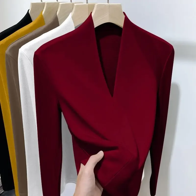 Herbst Winter Neue T-Shirts Frauen Solide V-ausschnitt Plus Samt Verdicken Warme Mode Langarm Schlank Pullover Bodenbildung Shirt Tops – Detail 7