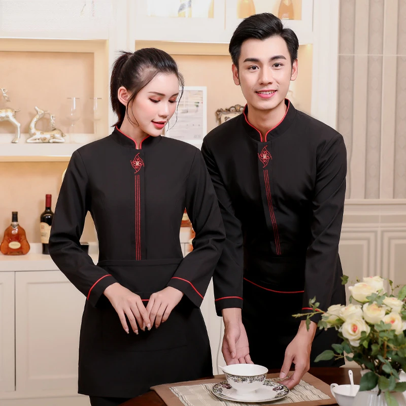 Uniforme de garçonete de restaurante chinês, casaco de manga comprida, roupa de trabalho, hotel, catering, serviço de comida, comida rápida, macacão de garçom, tops de trabalho