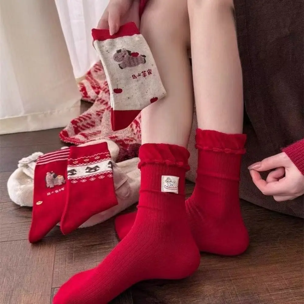 

Cute Ruffle Horse Red Socks Chinese Style Cartoon 2026 Spring Festival Socks Cotton Hosiery New Year Red Socks Streetwear