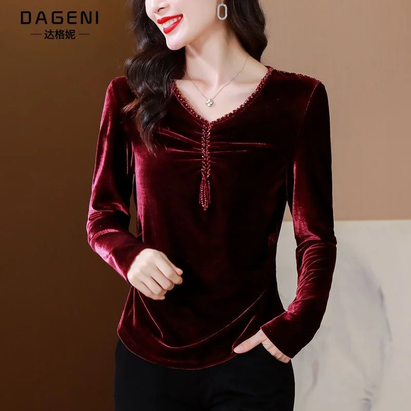 

V-neck T-shirt Long-sleeved Spring and Autumn New Fashionable Bottoming with High-end Velvet Top Inside