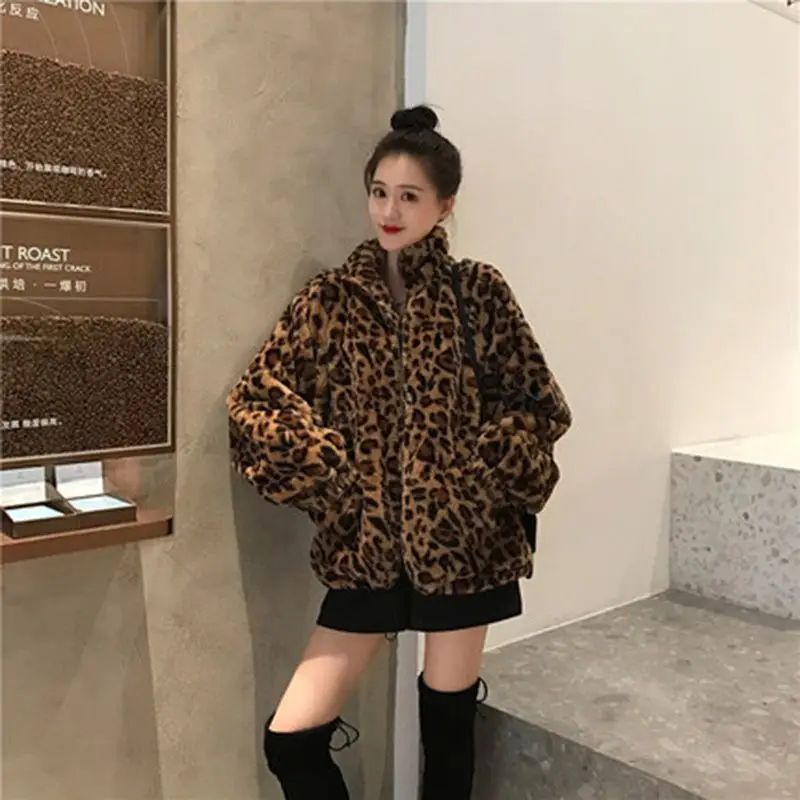 Leopard Print Fur Coat for Women, Thermal Long Sleeve Jacket, Casual Plush Coat, New Fashion, Autumn and Winter, 2024