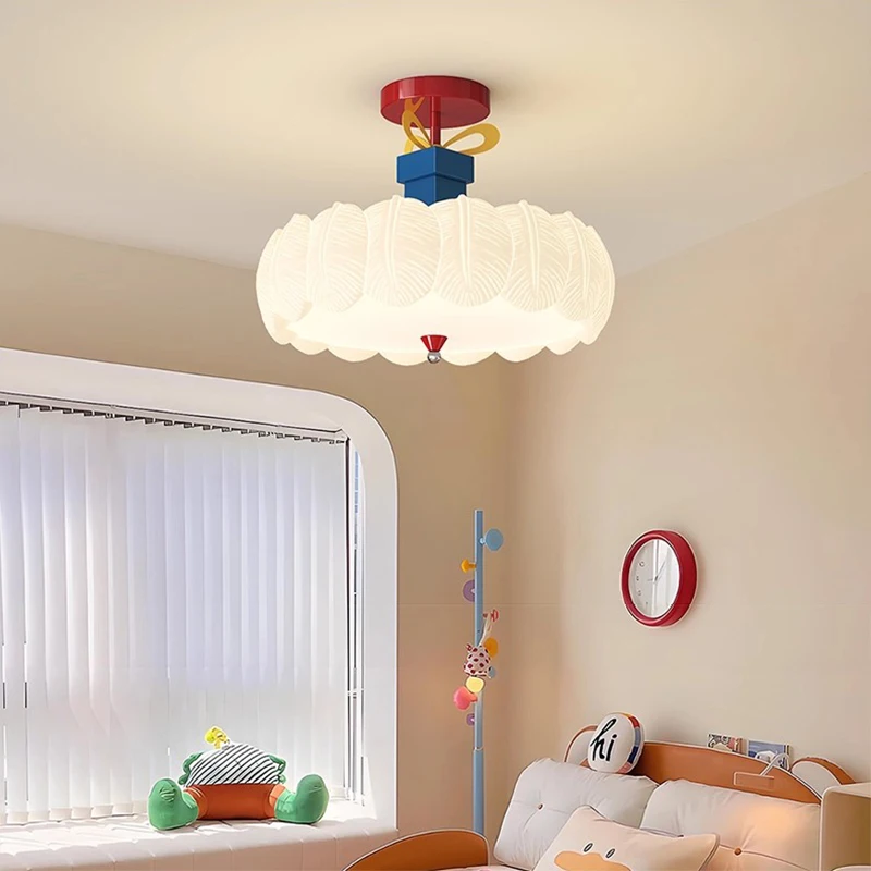 Children's  Ceiling Light LED Girl Boy Bedroom Decor Lamp French Romantic Warm Nursery Baby Room Round Feather Lamps