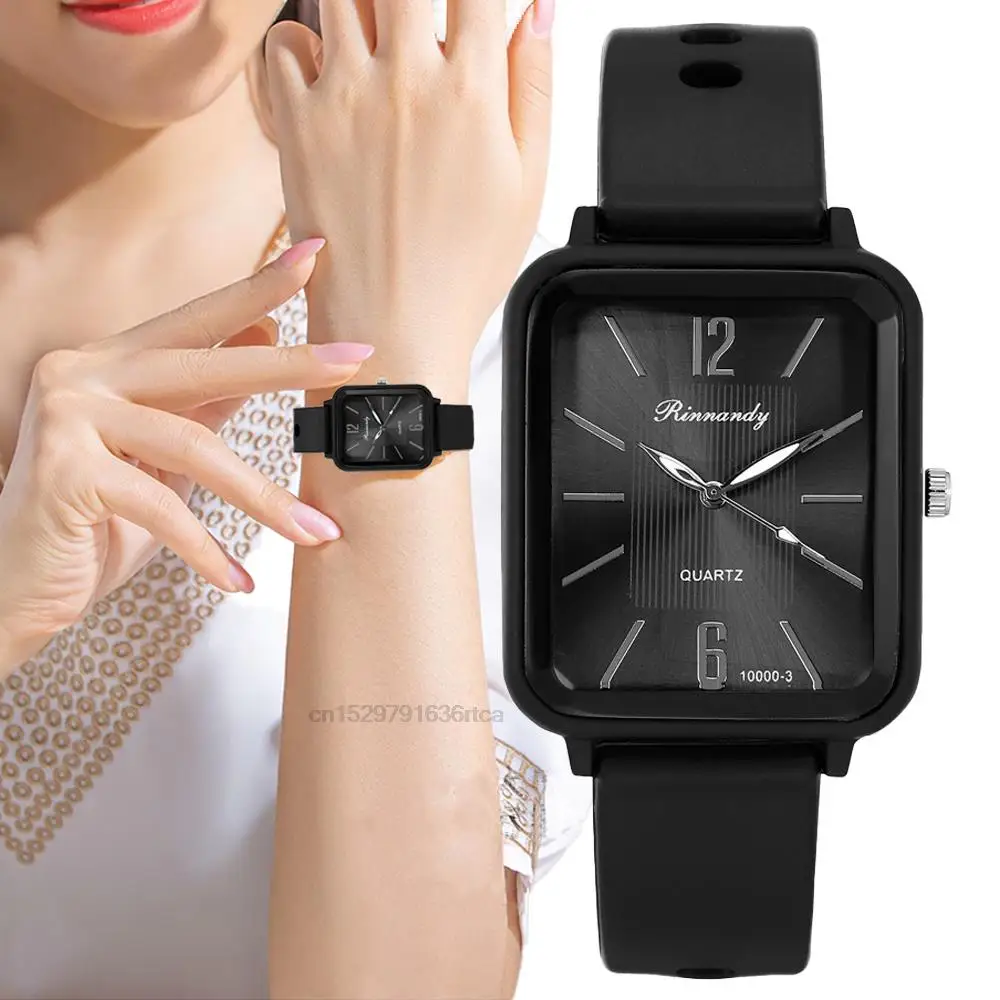 Luxury Fashion Silicone Women Watches Qualities Rectangle Quartz Wristwatches With Bracelet Simple Black White Female Clock Gift