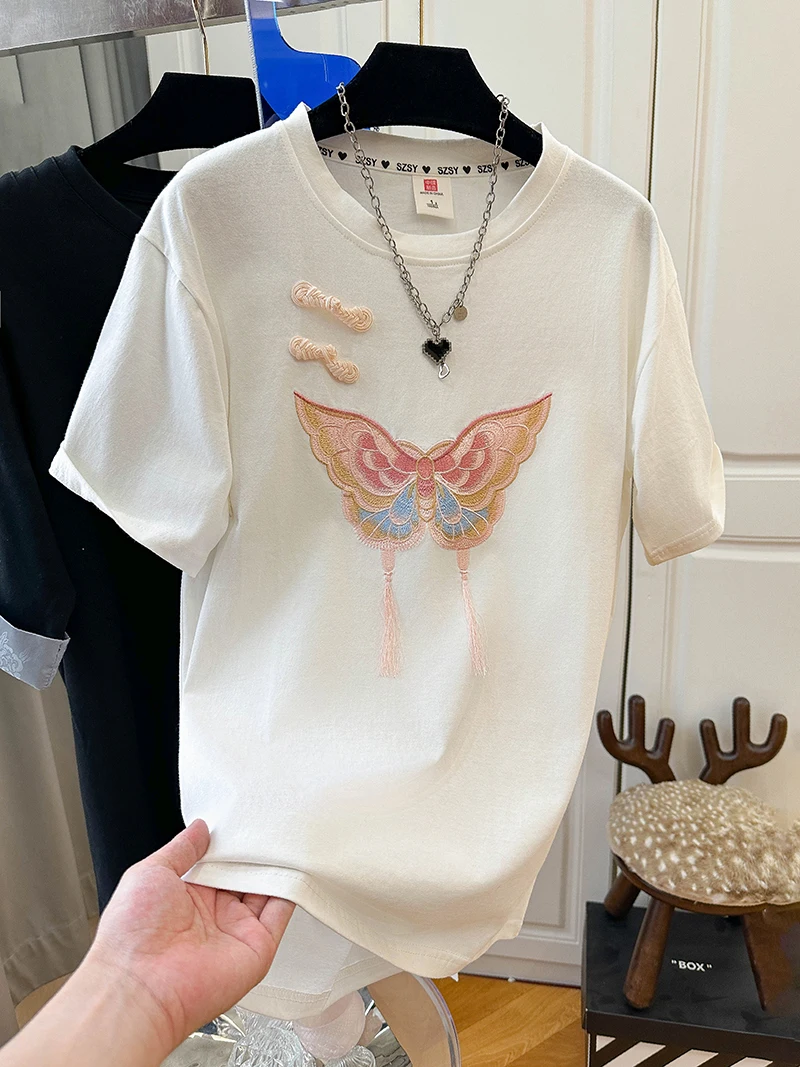 

Disc Buckle New Korean Design Butterfly Embroidered Round Neck 2024 Summer Waist Slimming Female Small Fresh Sweet Top