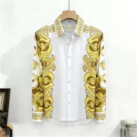 Men Luxury Baroque Golden Print Satin Shirt Black White Long Sleeve Button‑Up Dress Shirt Party Wedding Business Formal Top