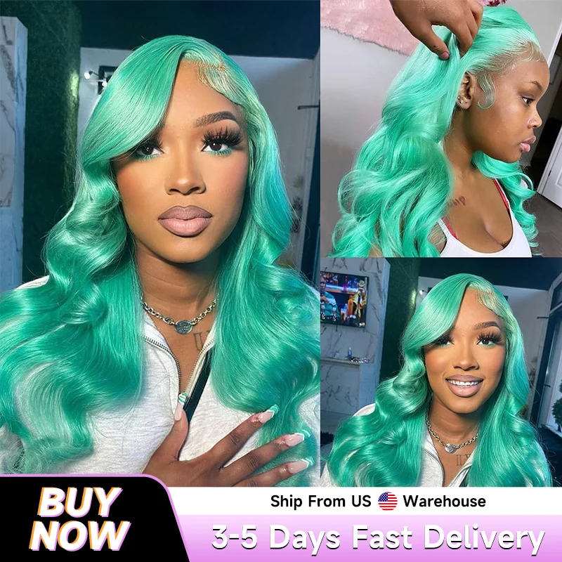 Mint Green Brazilian Human Hair Wig 13X6 HD Transparent Lace Front Pre Plucked 200 250 Density Body Wave 28 Inch Wigs For Women
