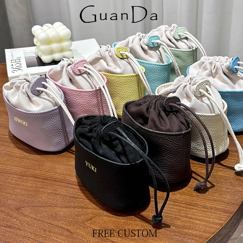 Custom Initials Cowhide Coin Purse Engrave Name Luxury Casual Earphone Bag Fashion Woman Jewelry Bag Small String  Pouch Wallet