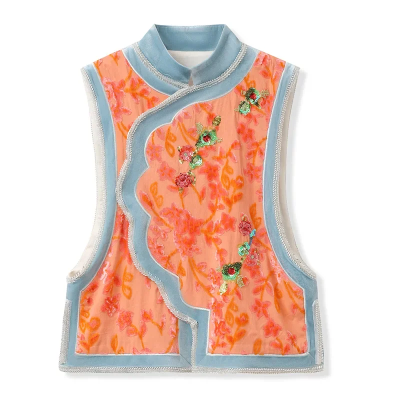 

Luxury Chinese Style Silk Vest National Autumn Winter Retro Orange Floral Embroidery Sequins Mulberry Silk Vest Women Tank Top