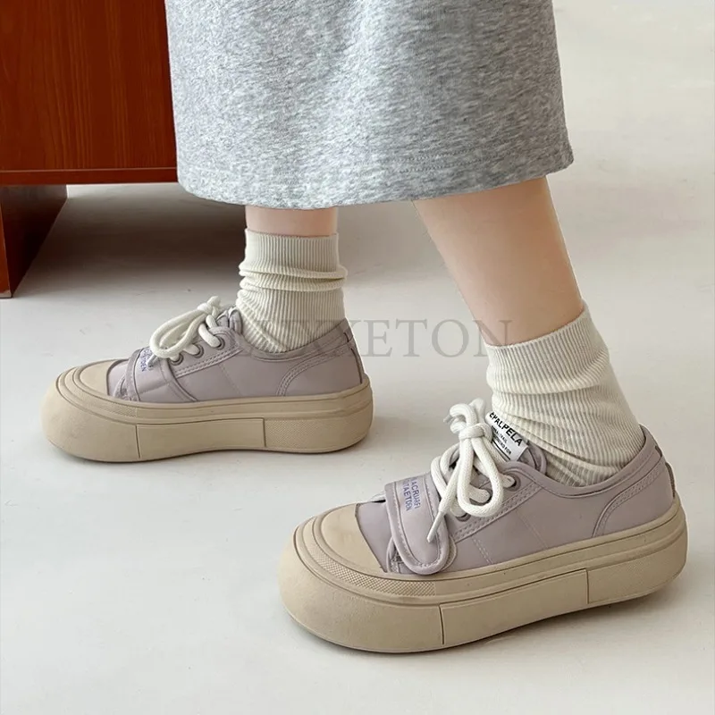 Low Cut Thick Soled Round Toe Canvas Shoes Cute Breathable and Comfortable with Mesh Casual Non Slip Sports Board Shoes